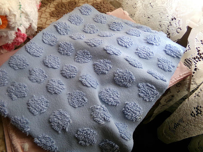 big blue coin pops chenille fabric, vintage style dots on serene blue cotton, 18" x 24" piece of sewing material for crafts & quilting