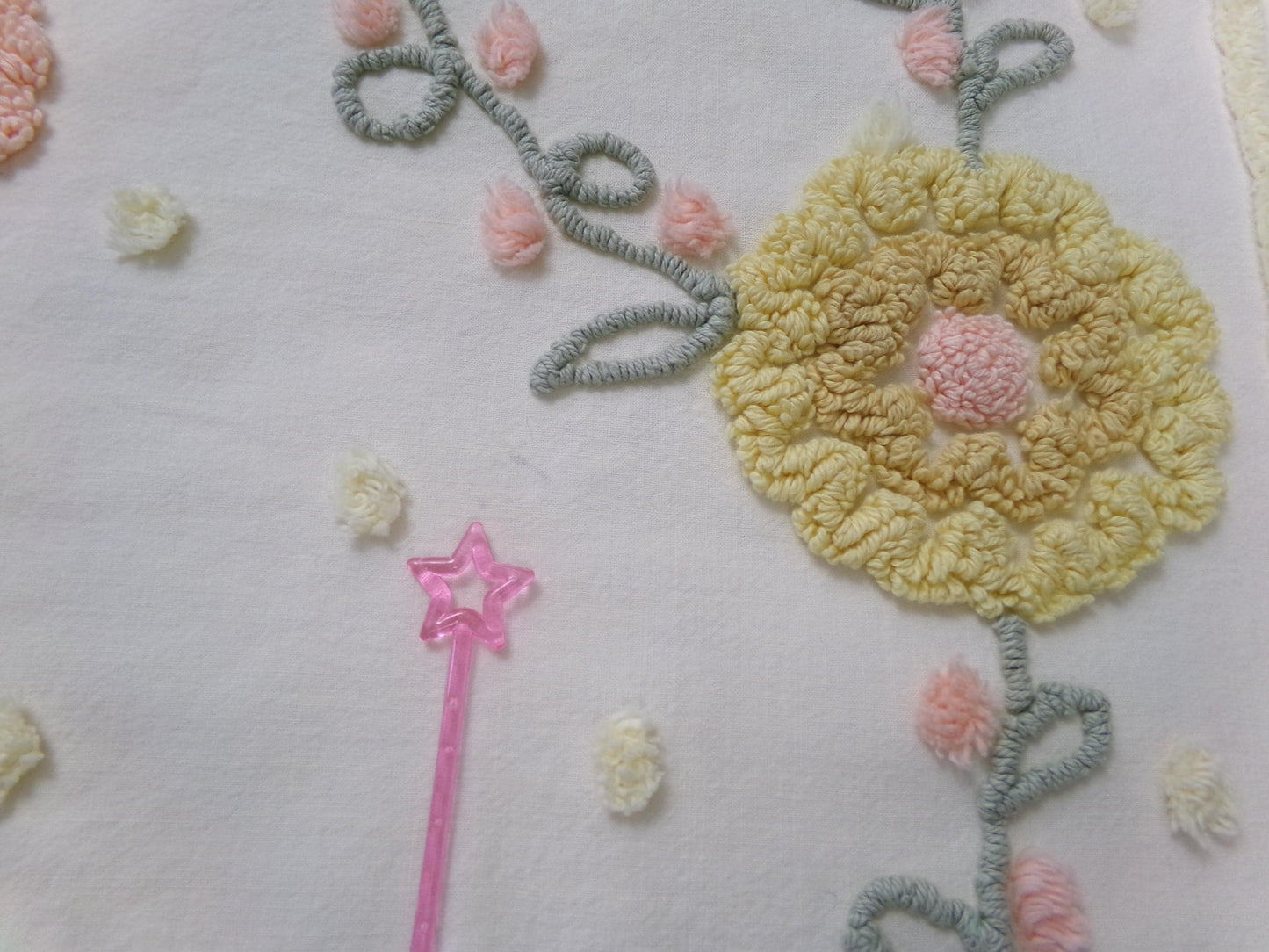 cottage floral vintage chenille fabric, buttercup yellow quilt sewing material, large 19" x 40" piece