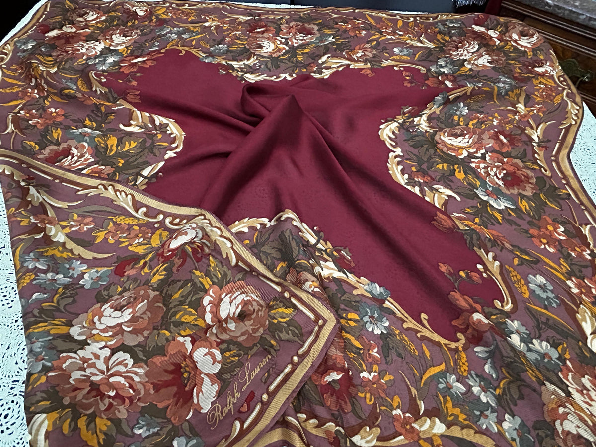 Vintage Ralph Lauren Silk Scarf Burgundy Wine Rose Floral Baroque Scroll Border