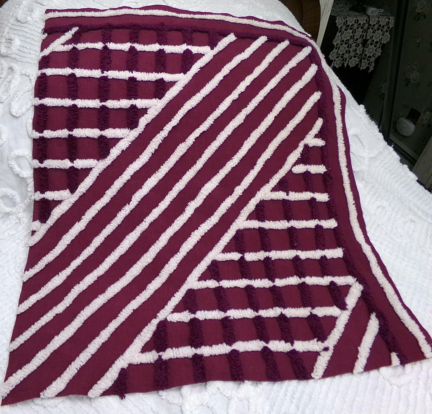 Dramatic Vintage Chenille Fabric, split road design, sewing craft quilt material 20" x 24" piece