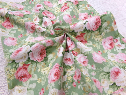 Vintage Cotton Quilt Fabric English Rose Floral Pink Green Shabby Chic Cottage 30" x 36"