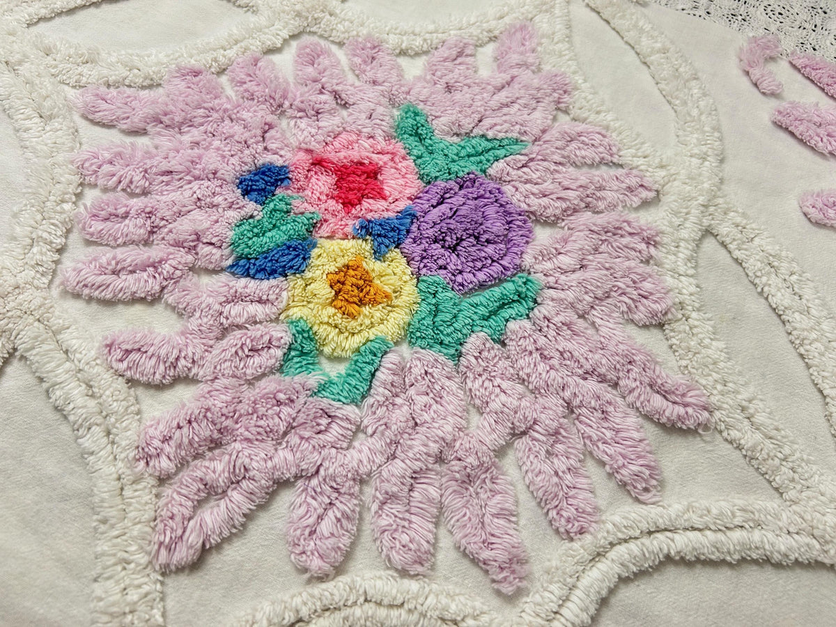 Vintage Chenille Fabric, Lavender Pink Floral Tufted 18x26" Craft Piece
