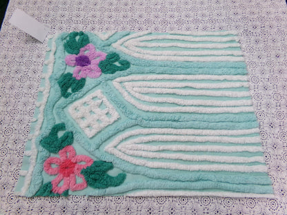 Breezy Fresh Aqua Vintage Chenille Fabric Cathedral Stripe Floral 16x20" Shabby Chic
