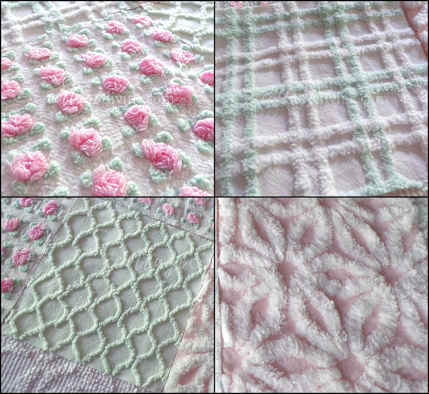 Picnic Pink & Green Chenille Fabric Squares Set of 16 Quilt Blocks, 6" x 6" inches each, Pretty Green, White, Pink Rosebud