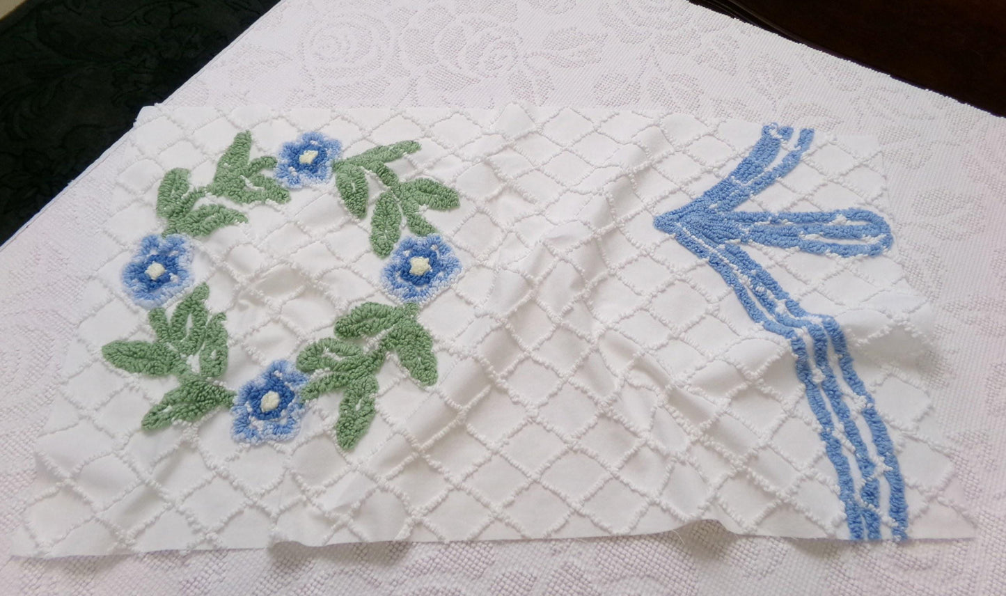 Floral Wreath Vintage Chenille Fabric, Blue & White Sewing Material 15" x 28" Piece