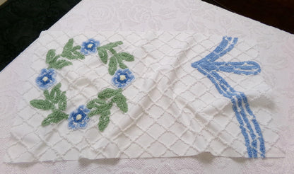 Floral Wreath Vintage Chenille Fabric, Blue & White Sewing Material 15" x 28" Piece