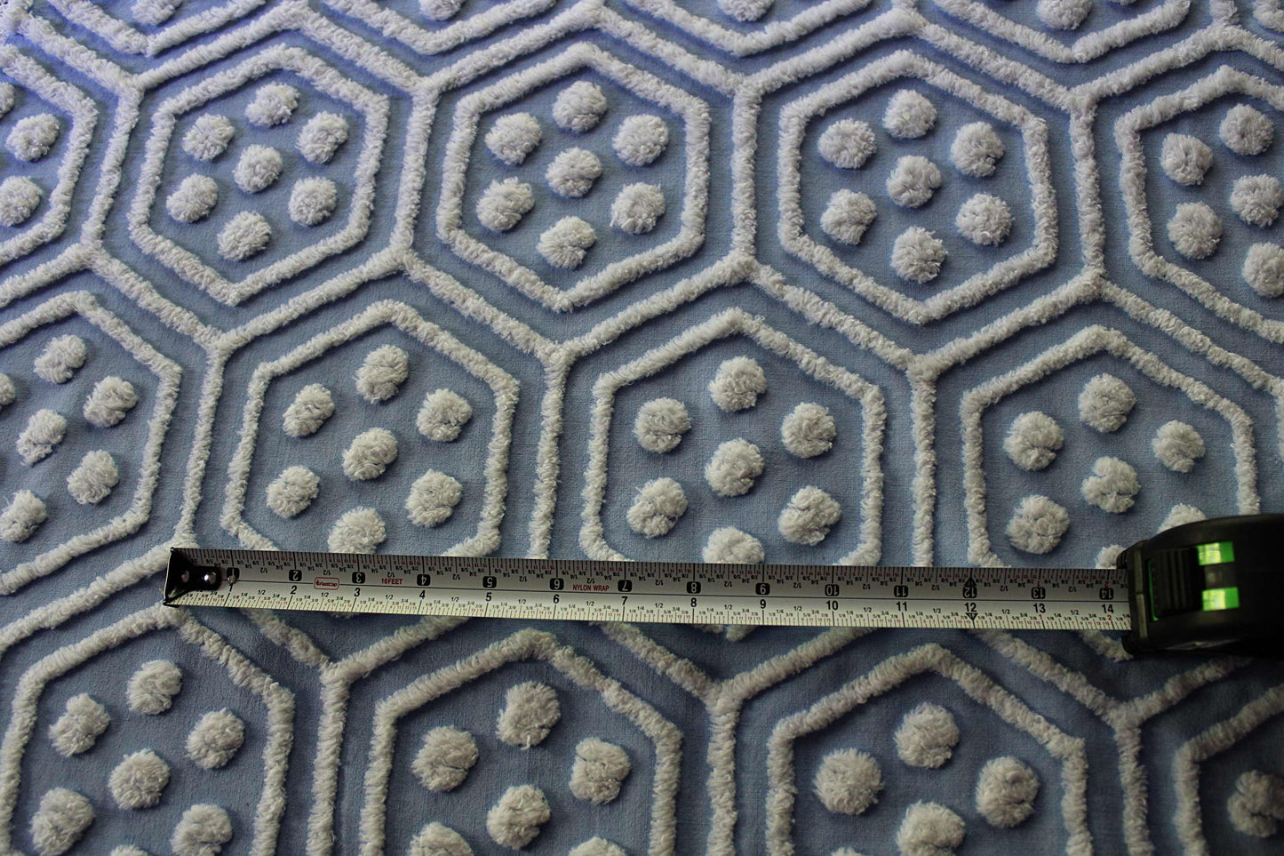 coastal cute vintage blue & white chenille fabric, reversible geometric hexagon dot design, 25" x 29" cut piece of sewing material