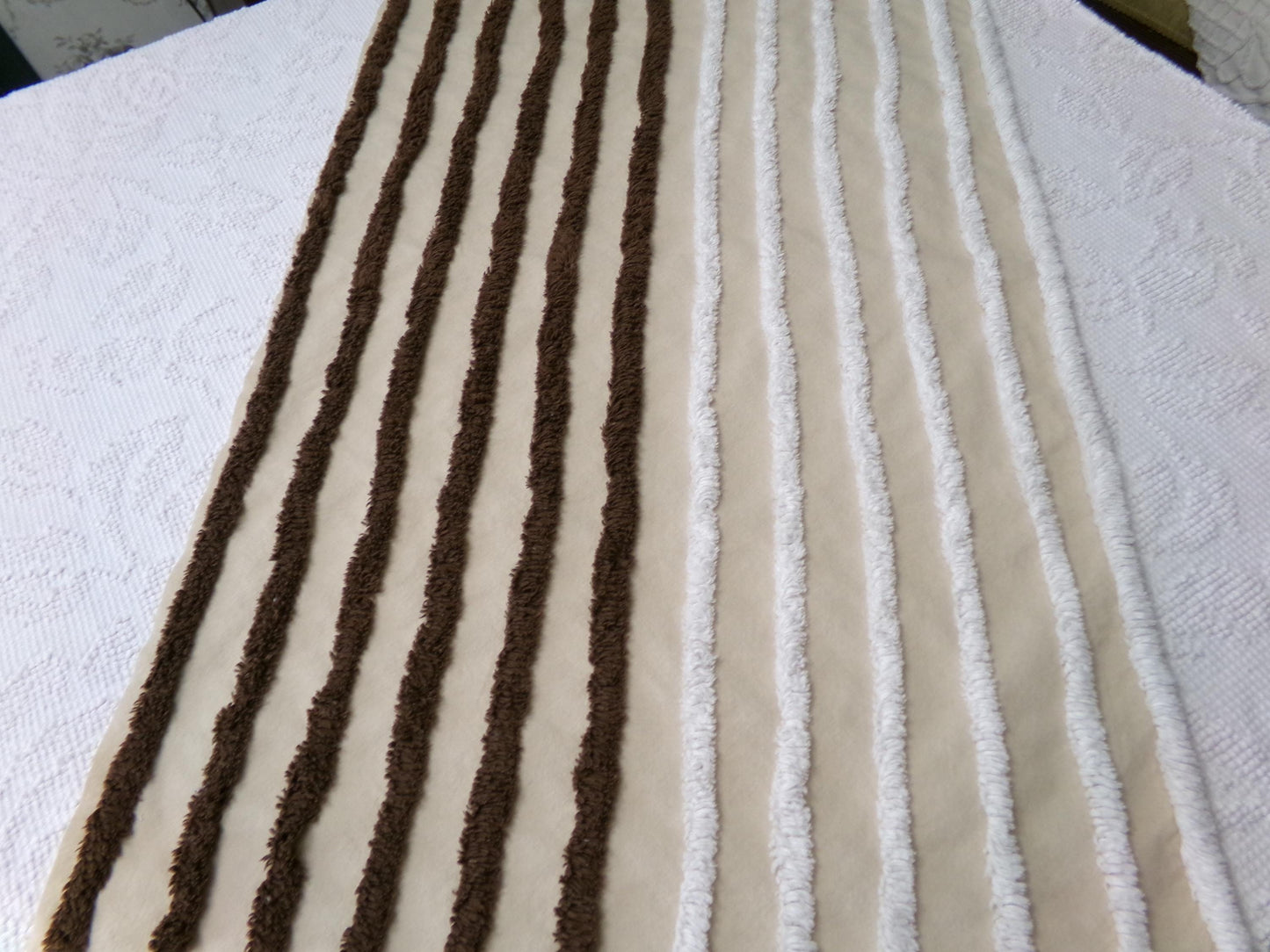 split road vintage chenille fabric, tufted contrast design, 17" x 27" unique piece of quilt material