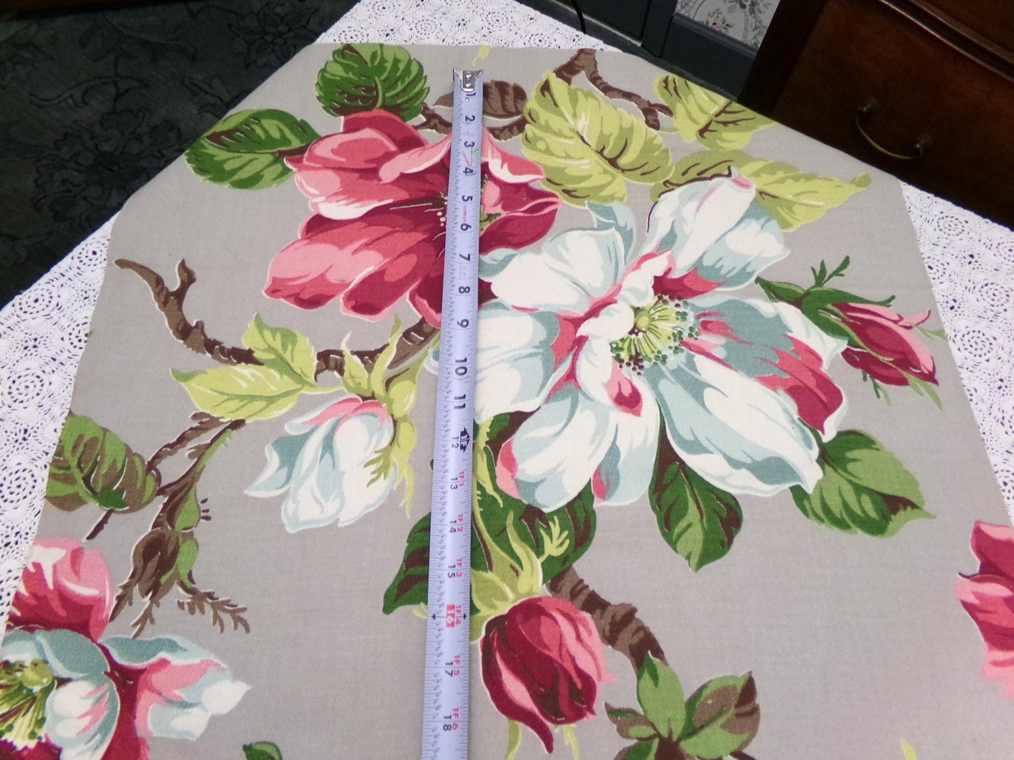 Vintage Barkcloth Fabric 1940s Pink Aqua Magnolia Floral Gray Mid-Century, 21" x 33"