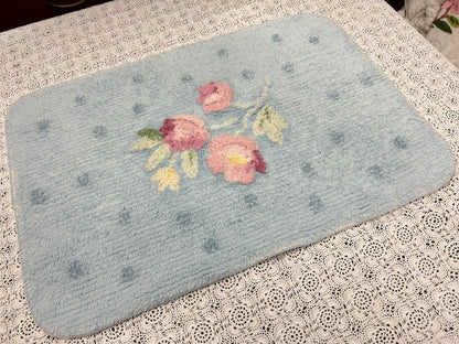 Small Vintage Chenille Rug, Pink Roses & Dots Blue 16" x 24" Accent Mat / Wall Hanging
