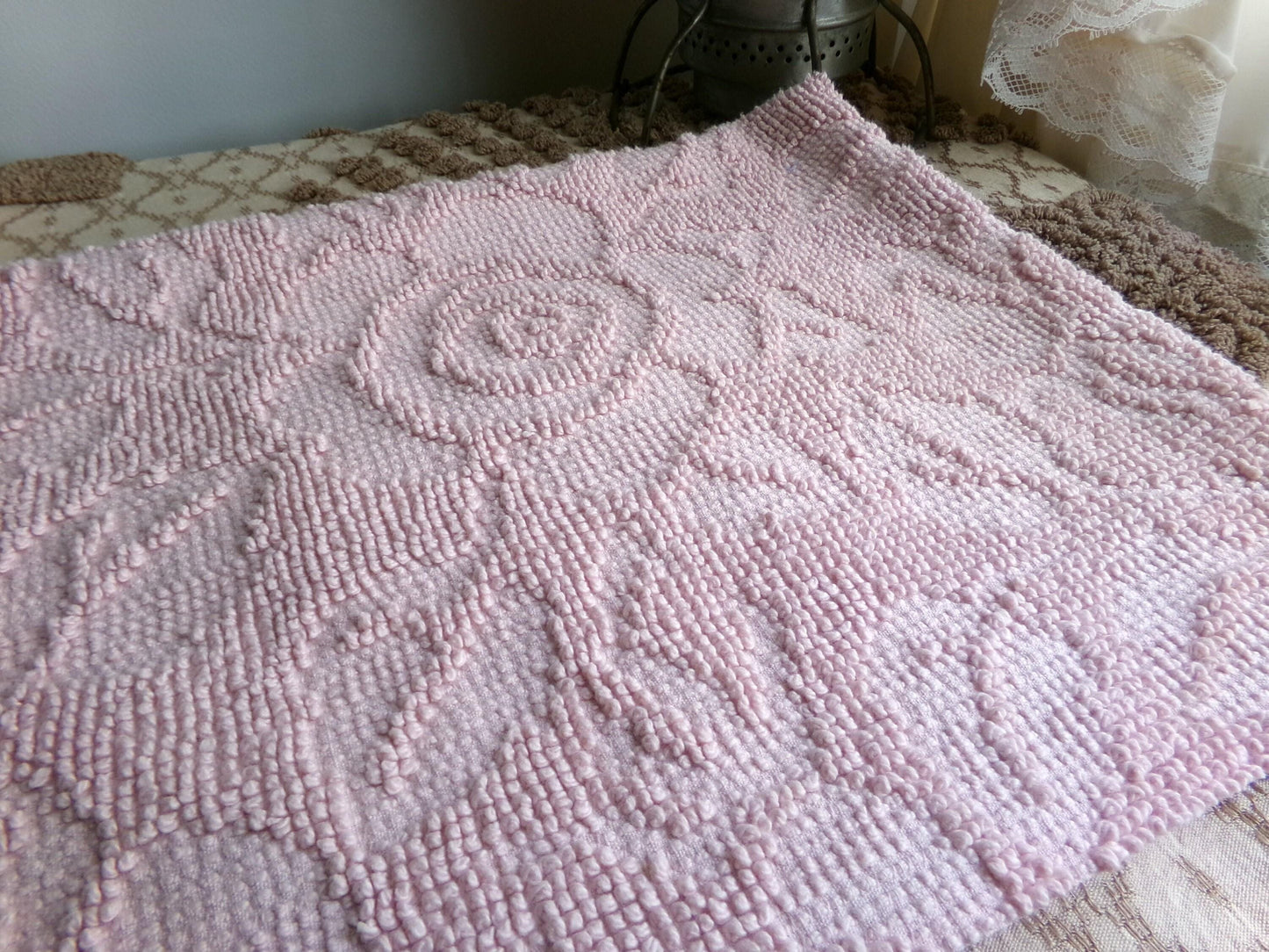 Rose Mist Vintage Woven Chenille Fabric, 24" x 20" Inch Reversible Piece, 100% Cotton, Hobnail Imperial Roses Pattern, Ideal in Quilts