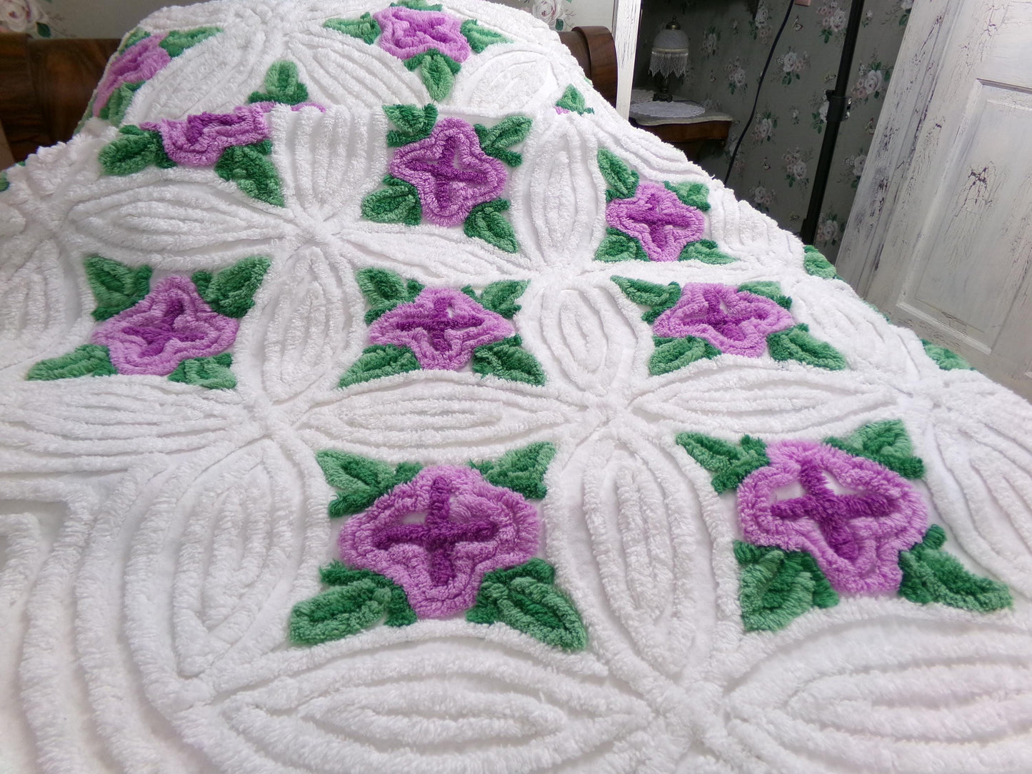 Lavender Cabbage Rose Blooms 1940s White Cotton Chenille Bedspread, FULL Size