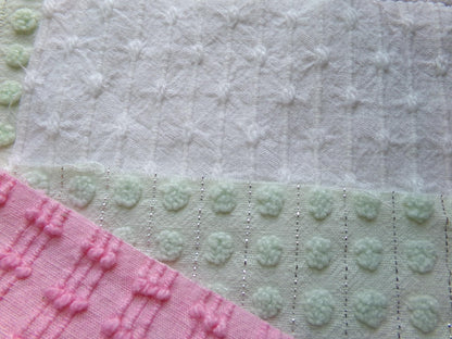 fairy girl pinks chenille fabric squares, set of 12 vintage 6" quilt blocks in crafty girl's dozen, popular squiggles, rosebud, dots