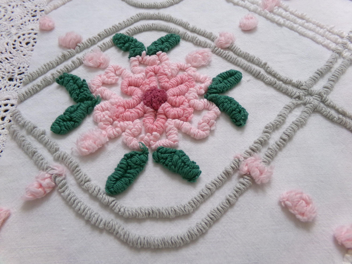 Dove Grey Pink Rose Vintage Chenille Bedspread Fabric Quilt Sewing Material 15" x 24"