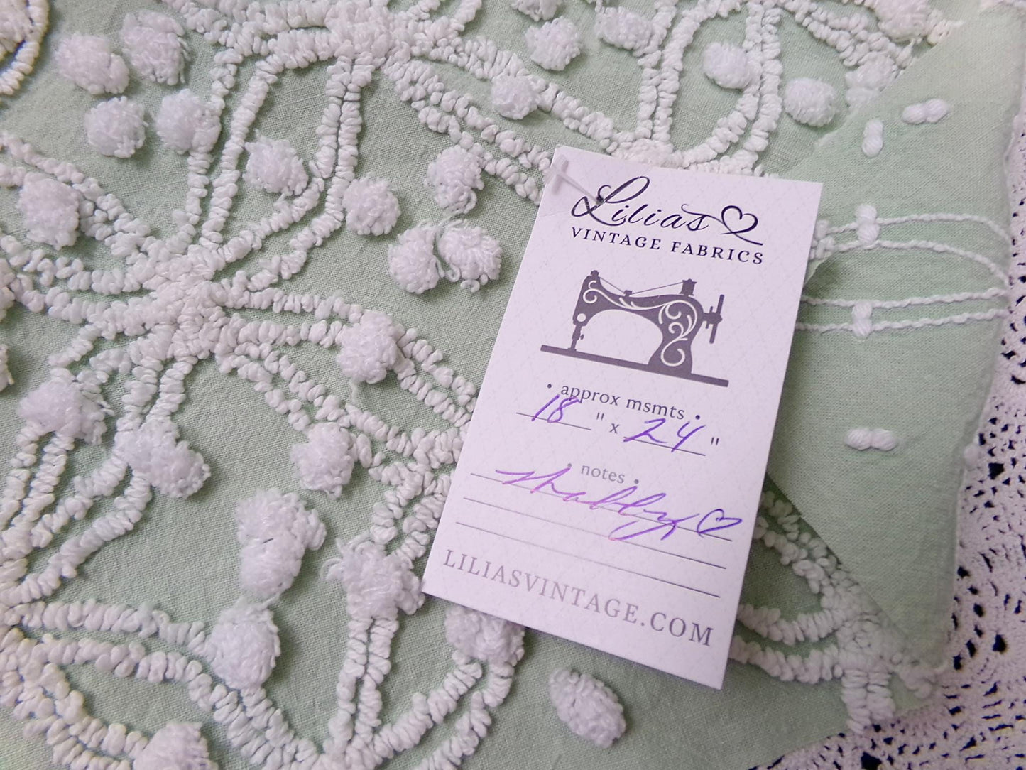Vintage Sage Green Chenille Bedspread Fabric, Shabby Wedding Ring Pop 18x24" Quilting Material