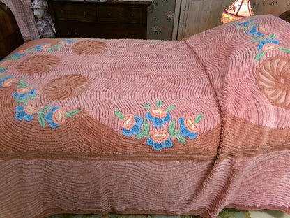 luscious plush vintage chenille bedspread in a pinwheel peach swirl floral design, antique full size bedding