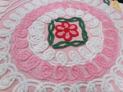 shabby pink vintage chenille fabric, cake frosting floral curlicues, 20" x 31"