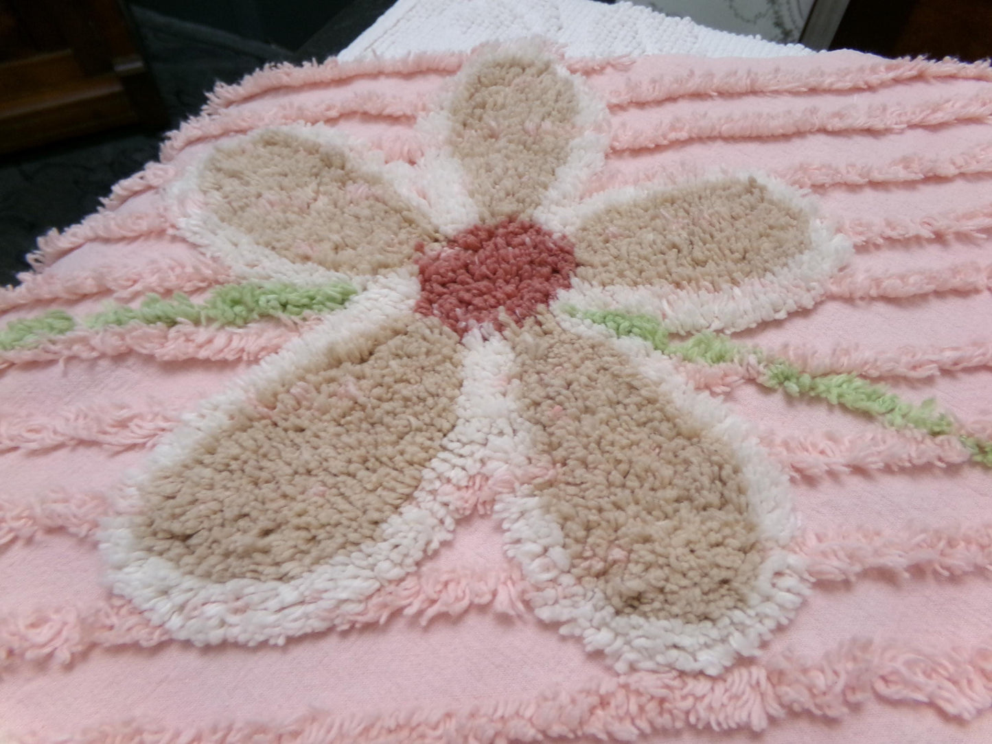 pink vintage chenille bedspread fabric, rambling floral vine sewing craft material 19" x 36"