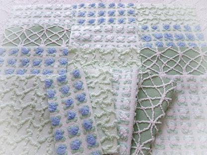 coastal wanderings vintage chenille fabric squares, 16 vintage 6" quilt blocks in natural green & white for sewing, crafts, fiber arts
