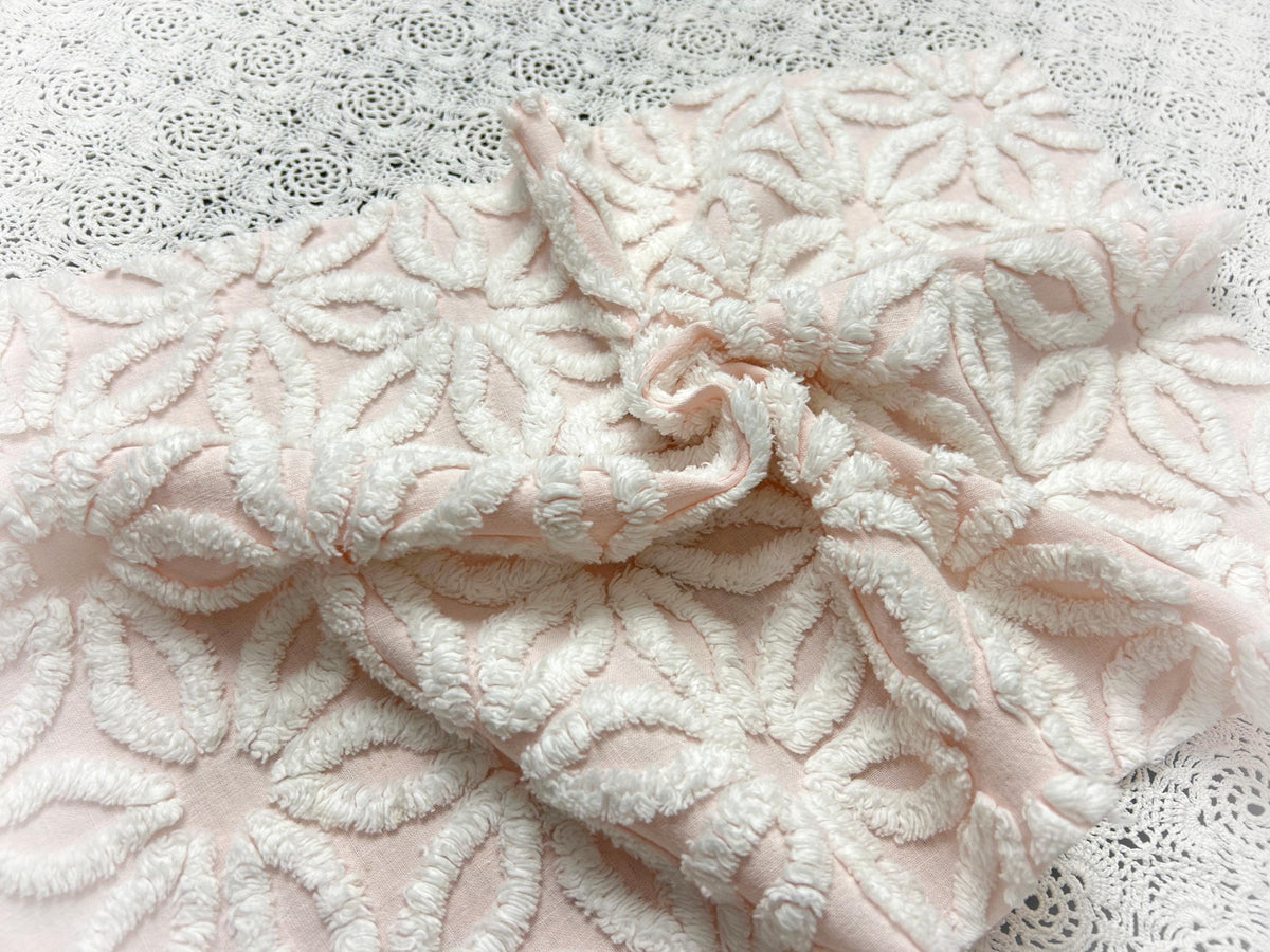 Pink White Daisy Vintage Chenille Fabric, Cottage Style 12x18" Piece
