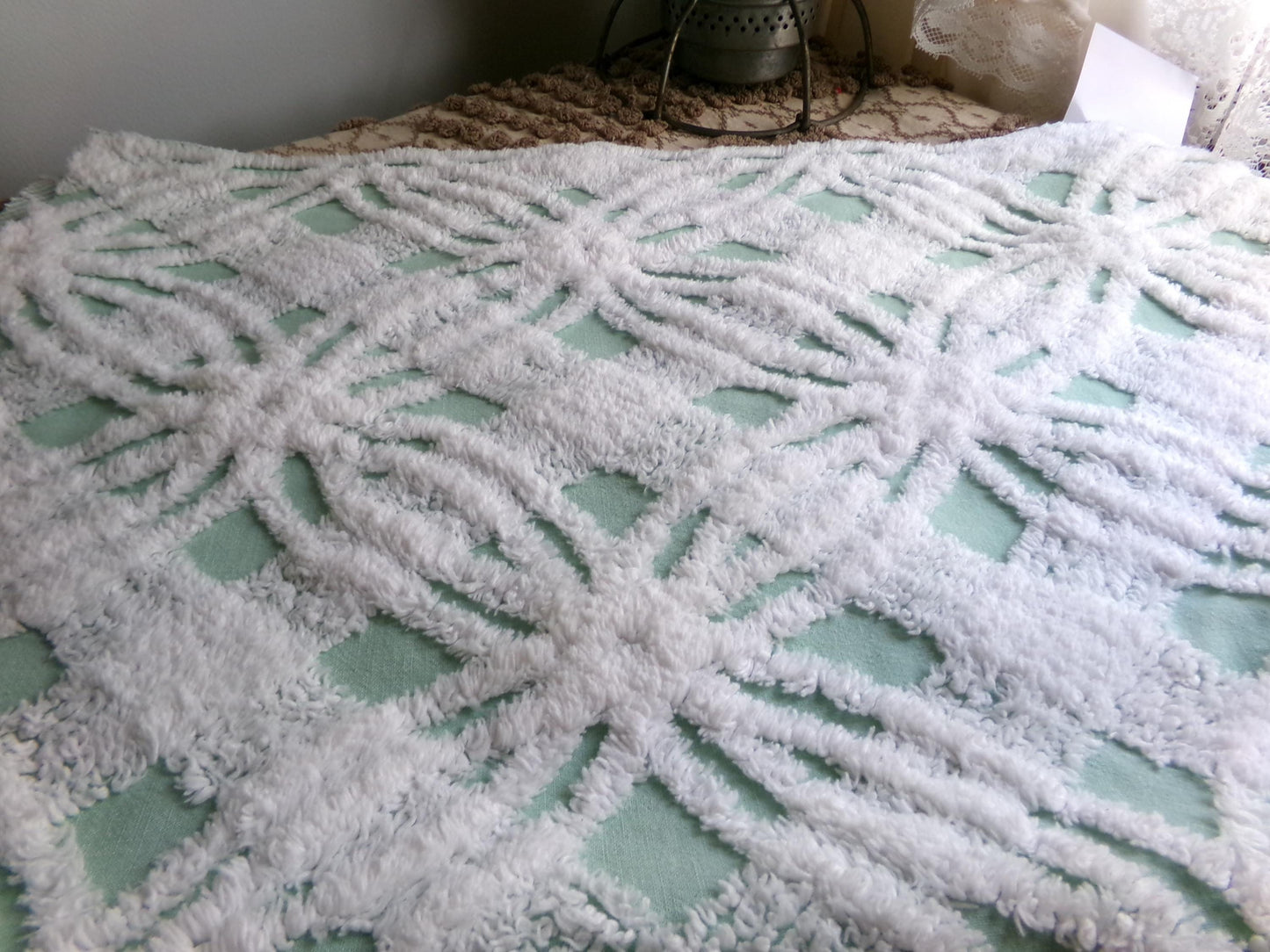 mint green vintage chenille fabric, plush white spider tufting, 19" x 26" piece of quilt material for arts & crafts