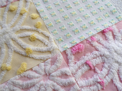 Vintage Chenille Fabric Squares: Springtime Pink & Yellow Set of 16 Quilt Blocks, 6" each