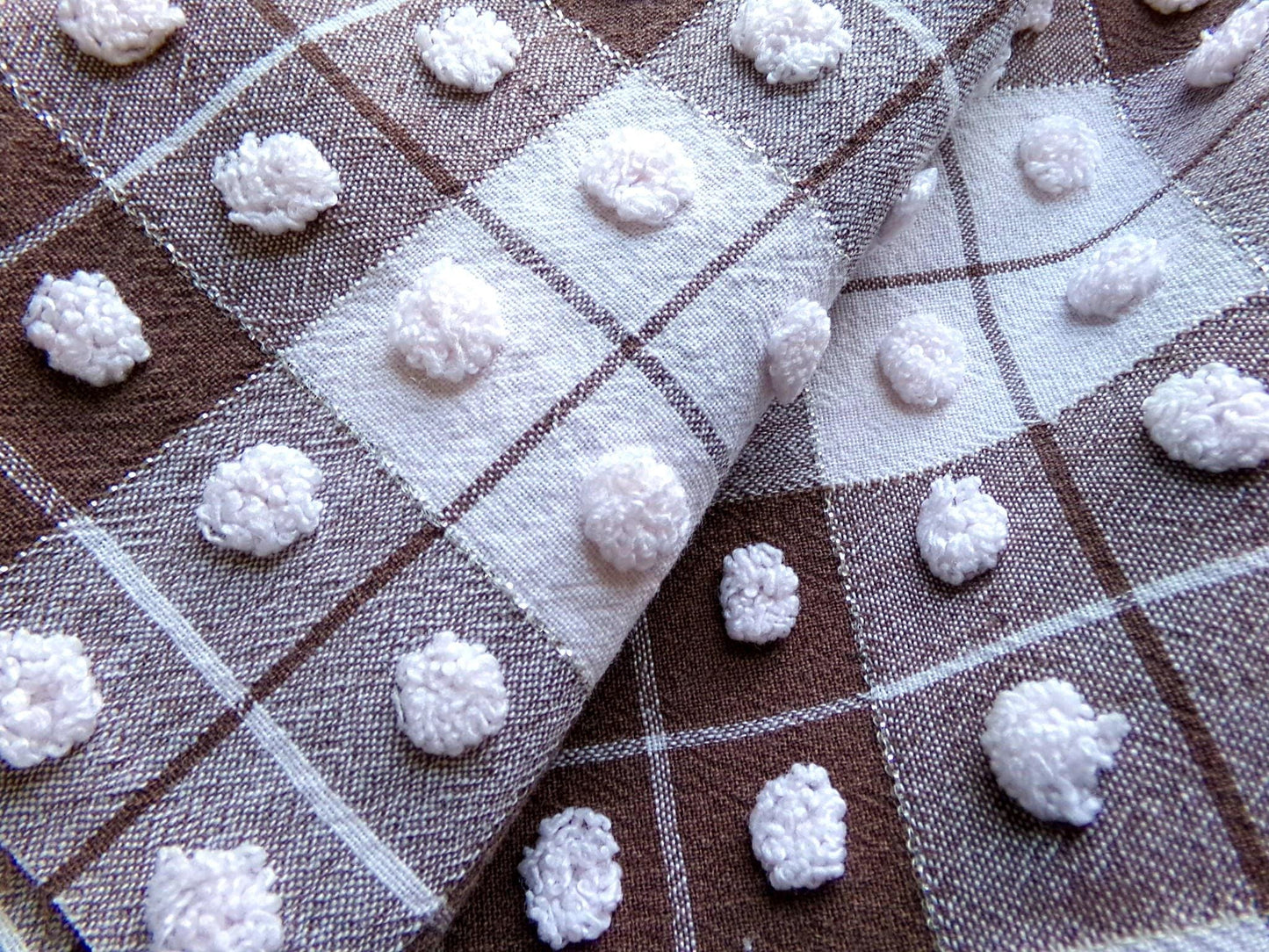 vintage chenille fabric: 18" x 24" cut piece of brown & white popcorn cotton material for quilting, sewing cute teddy bears