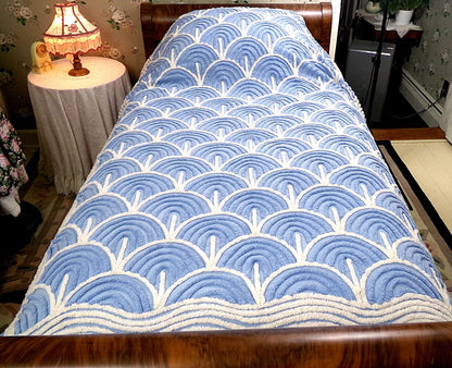 White & Blue Vintage Chenille Bedspread, Tidal Waves, Full Sz Shabby Seaside Cottage Style