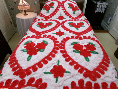 Vintage Chenille Bedspread - Red & White Hearts - Romantic Shabby Chic Cottage Decor - Full Size Bedding