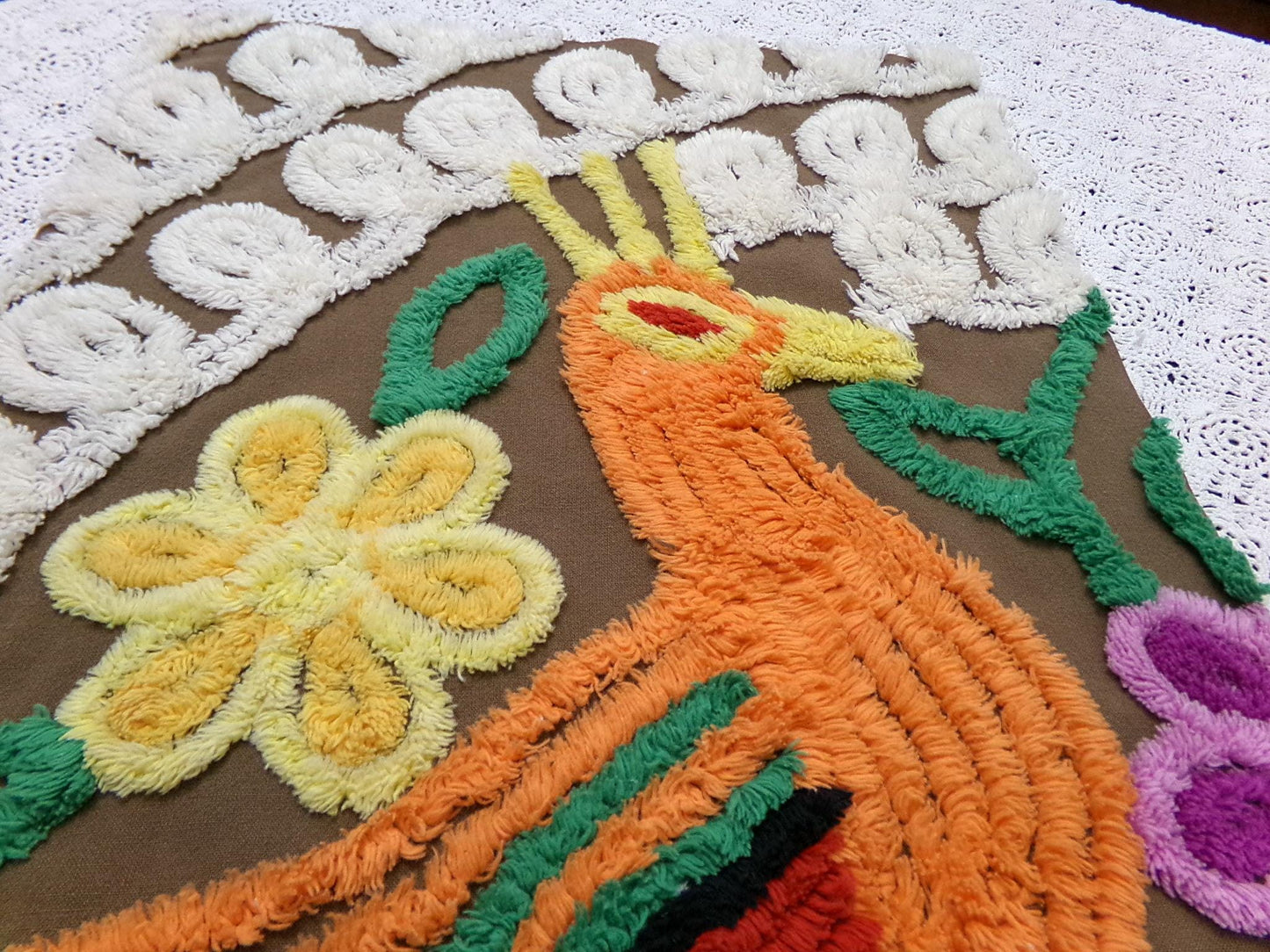 boho peacock vintage chenille bedspread fabric exotic bird brown orange 13x21" small piece