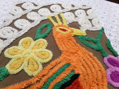 boho peacock vintage chenille bedspread fabric exotic bird brown orange 13x21" small piece