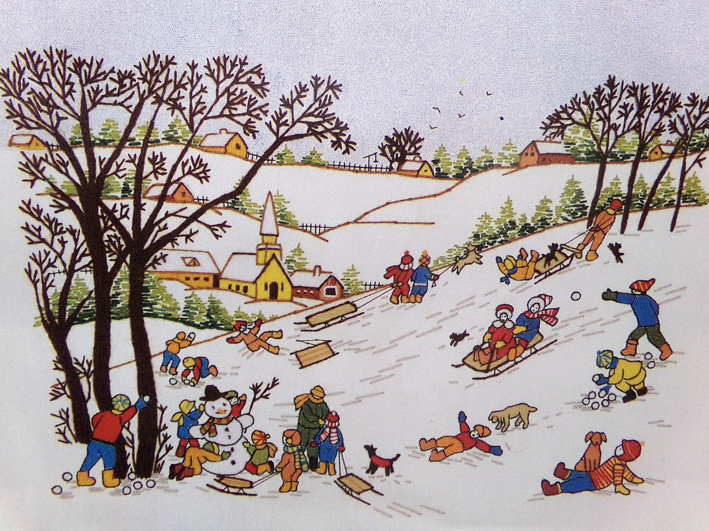 WINTER FUN Crewel Embroidery Kit, Vintage Paragon Needlecraft 0926, Snow Scene Wall Art