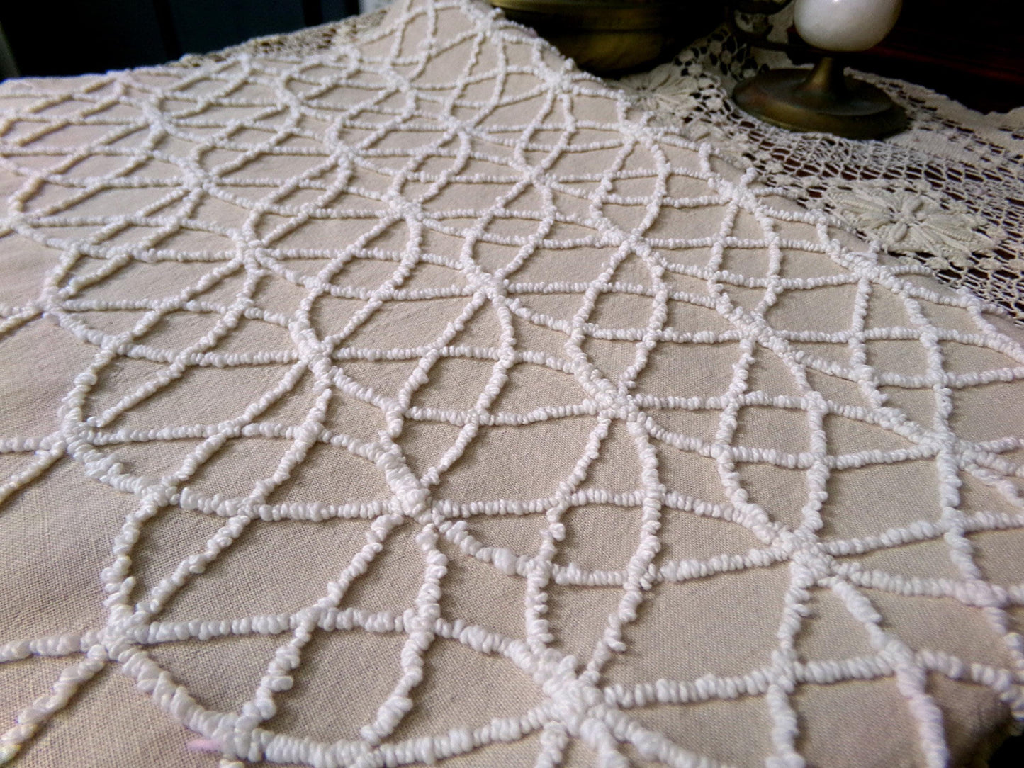 Neutral Mocha Vintage Chenille Fabric, Petite Tufted White Wedding Ring Design 18" x 24"