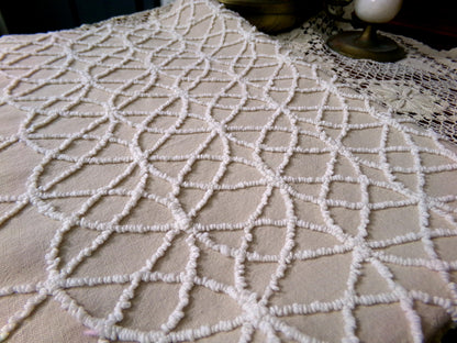 Neutral Mocha Vintage Chenille Fabric, Petite Tufted White Wedding Ring Design 18" x 24"