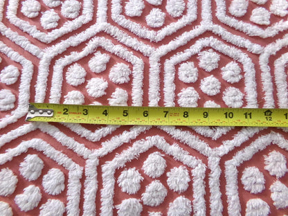 boho vintage chenille fabric, white tufted terracotta geometric design, 18" x 24" quilt material