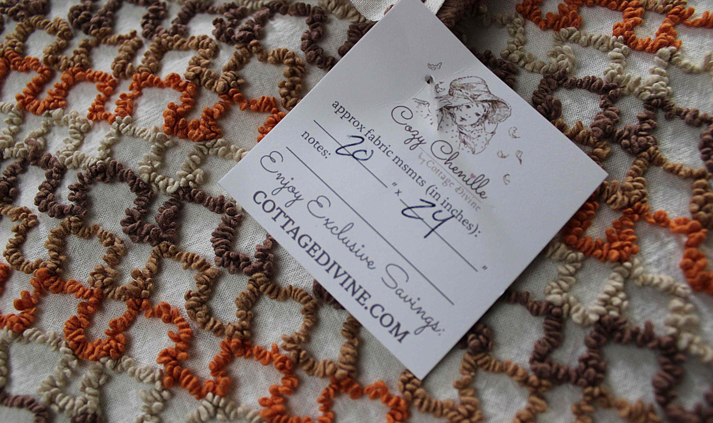 best boho colors vintage chenille fabric, fun pattern for small totes & bags, 20" x 24" inch piece, orange, mocha, chocolate, sand colors