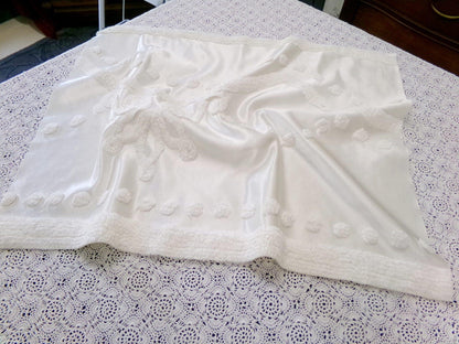 Vintage White Satin Chenille Bedspread Fabric, Shabby Chic 19x25" Piece