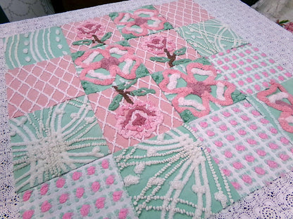 fresh cut roses vintage chenille fabric squares, set of 16 pink green quilt blocks 6" ea