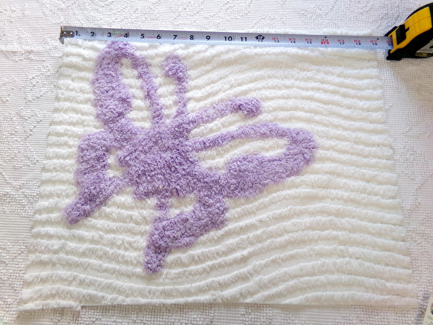 lilac butterfly vintage style chenille fabric, 19" x 15" piece of cotton sewing material, upcycle into pillows, quilts