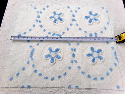 Boho Coastal Vintage Chenille Bedspread Fabric, Blue Circle Dot Flowers 24" x 20" Piece