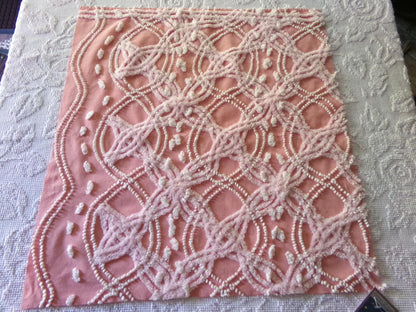 rose pink vintage chenille fabric, infinity links & pearl pops design 21" x 22"