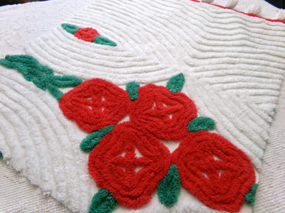 Shabby Cabbage Roses Vintage Chenille Bedspread Fabric, Plush Red Floral 20x24"