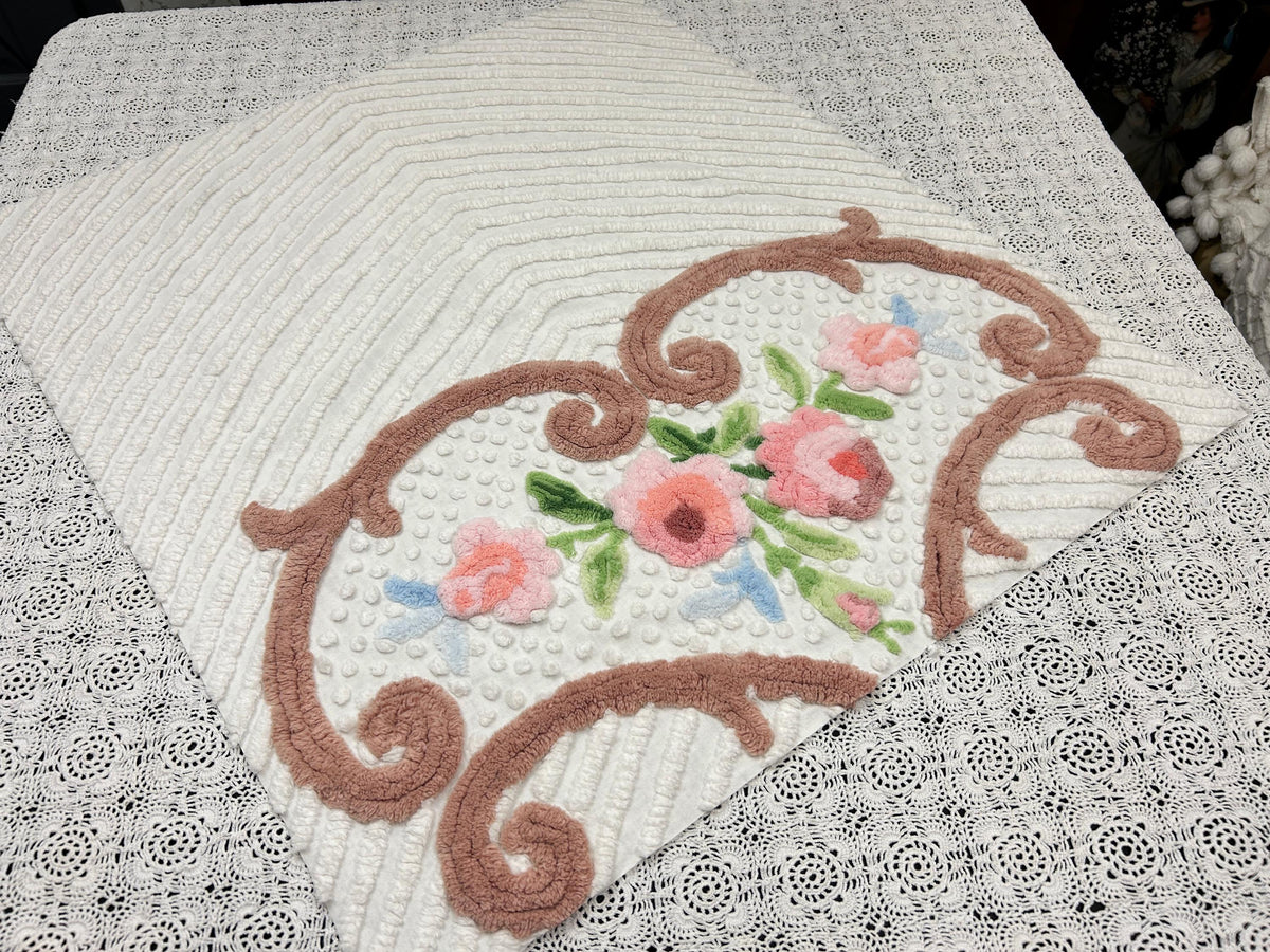 Vintage Floral Chenille Fabric, 22x24" Antique Sewing Textile