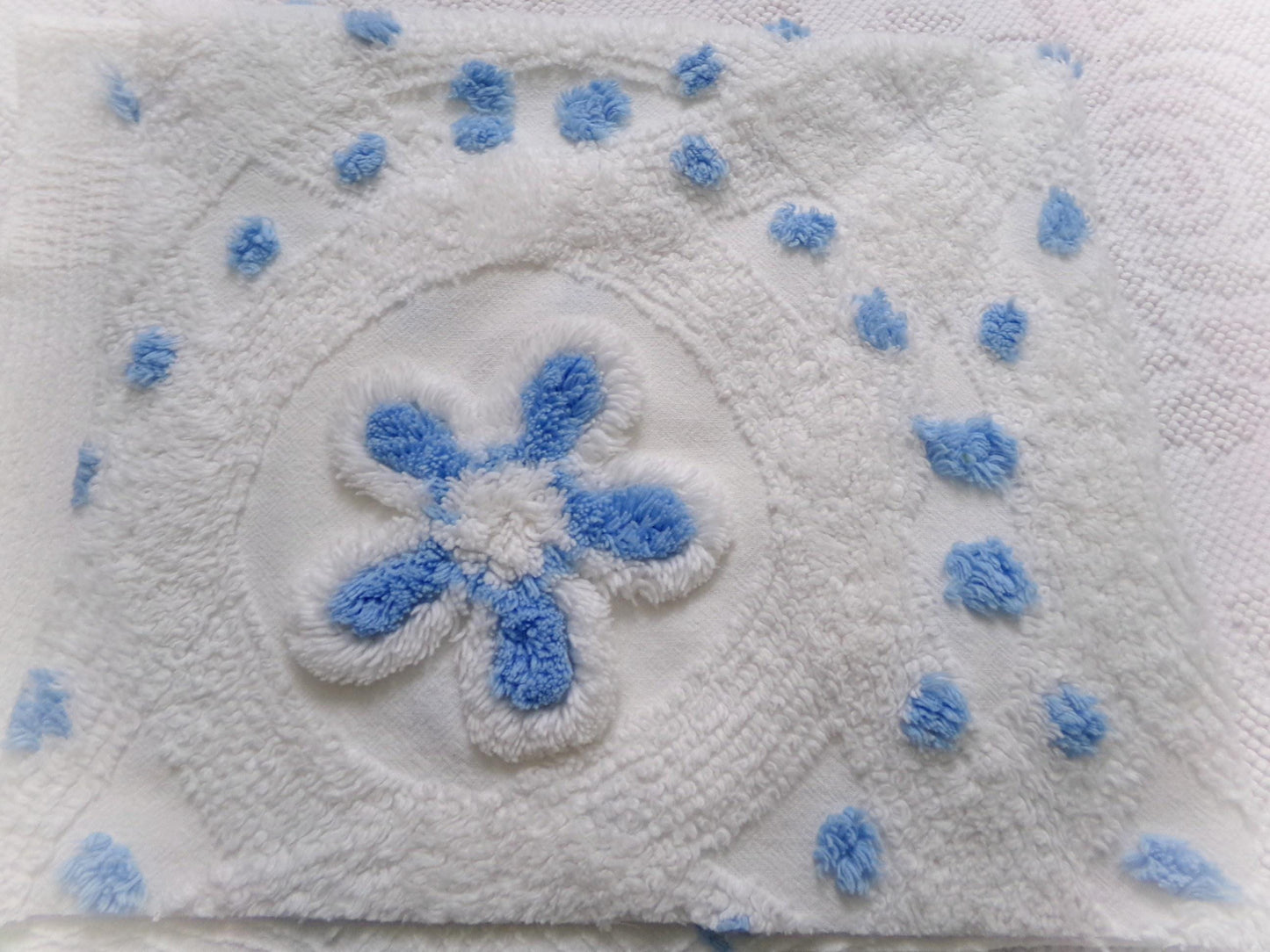 Boho Coastal Vintage Chenille Bedspread Fabric, Blue Circle Dot Flowers 24" x 20" Piece