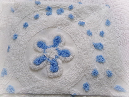 Boho Coastal Vintage Chenille Bedspread Fabric, Blue Circle Dot Flowers 24" x 20" Piece