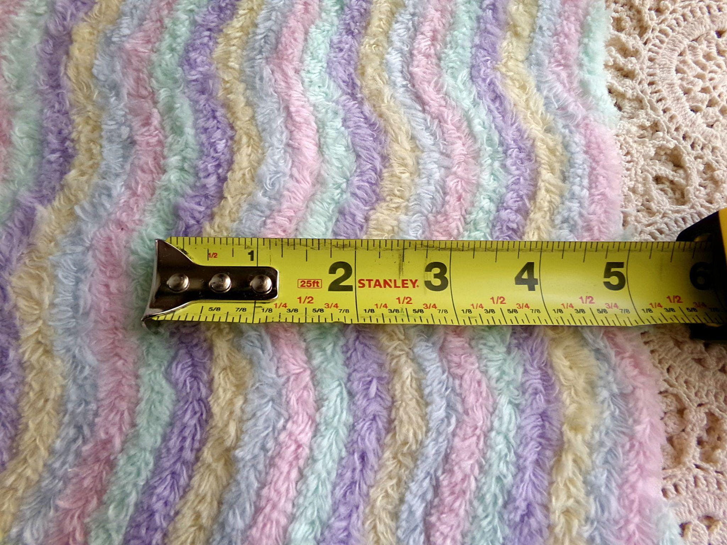 Pastel Rainbow Striped Chenille Fabric, Vintage Lilac, Yellow, Mint Green, Sky Blue & Pink Ripple 18" x 24" piece, sewing quilt material