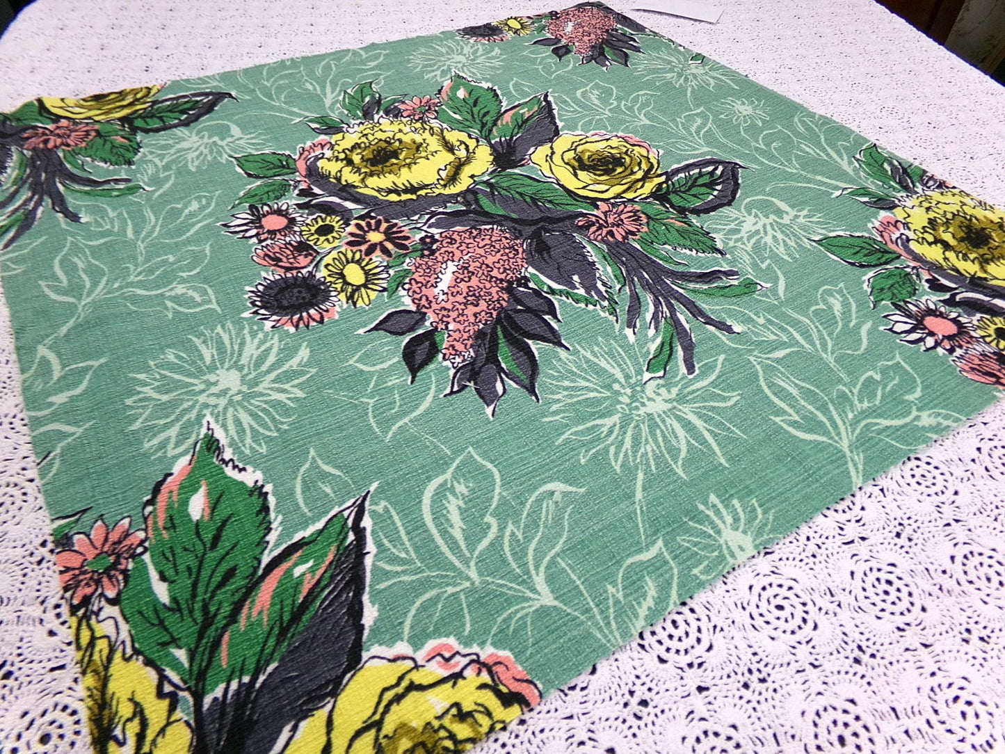 Vintage Green Floral Barkcloth Fabric Panel, Tonal Rose Shadow Leaf Design 21"x20.5"