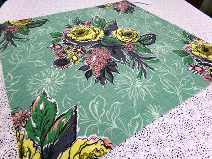 Vintage Green Floral Barkcloth Fabric Panel, Tonal Rose Shadow Leaf Design 21"x20.5"