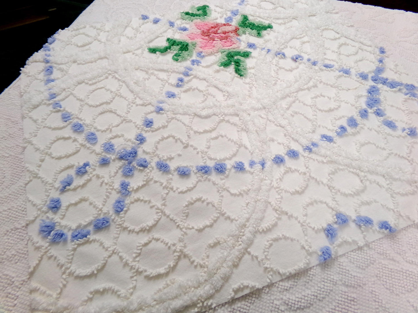 shabby cottage vintage chenille fabric, pink rose quilt material, 22" x 25" piece