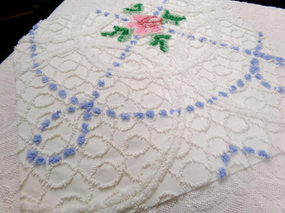 shabby cottage vintage chenille fabric, pink rose quilt material, 22" x 25" piece